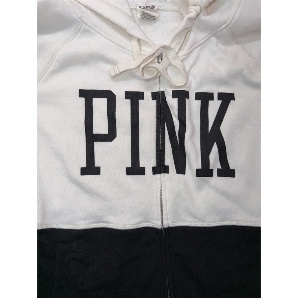 PINK Victoria's Secret Women‎ Hoodie L Black & White Black Colorblock Logo - Picture 2 of 12
